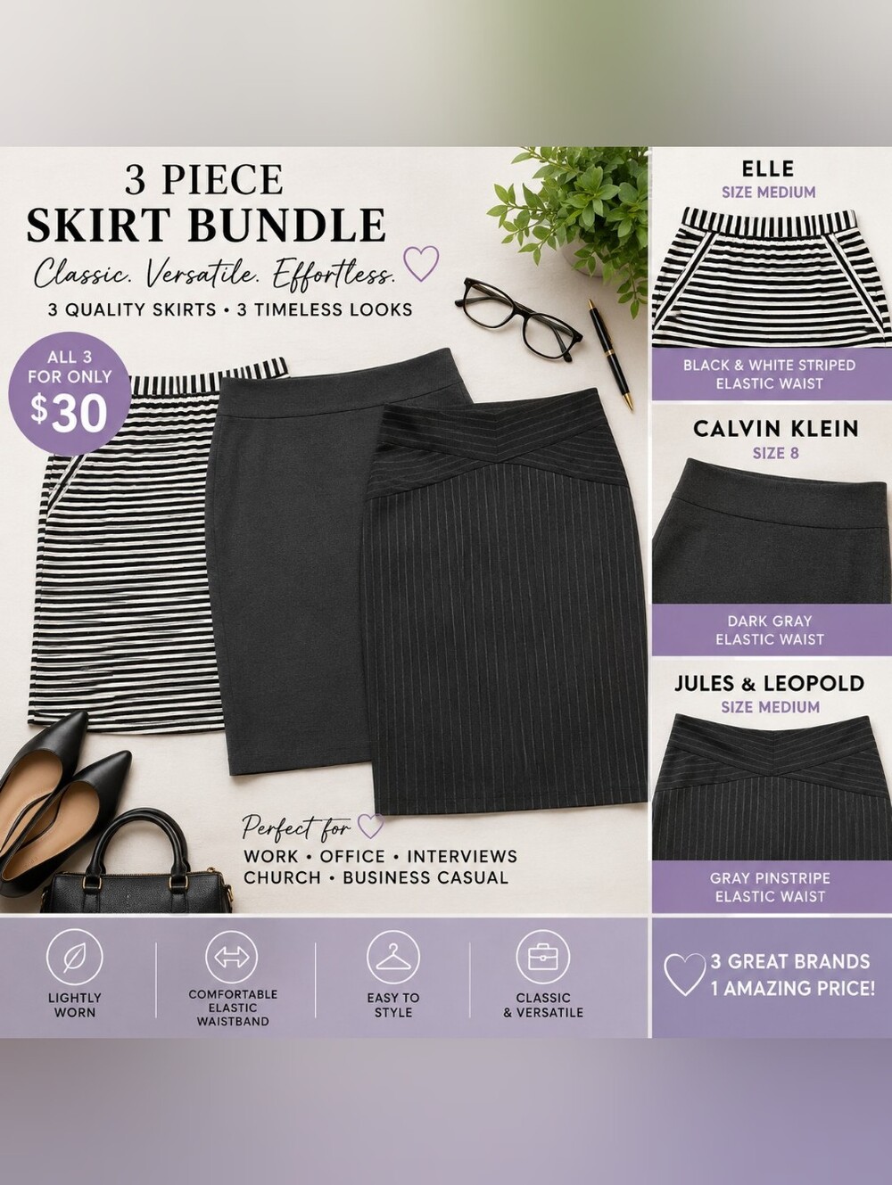 ✨3-Piece Career Skirt Bundle | Calvin Klein, ELLE & Jules & Leopold | Size M/8